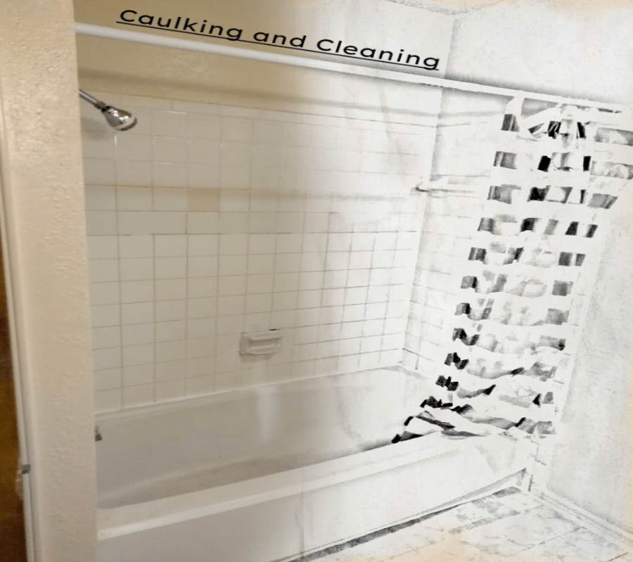 bathroom update, cleaning bathtub, recaulking to reseal tub surround